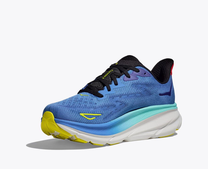 HOKA Men's Clifton 9 running shoes with lightweight cushioning and breathable knit upper, designed for everyday runs and walking, available at Playtri Sarasota.