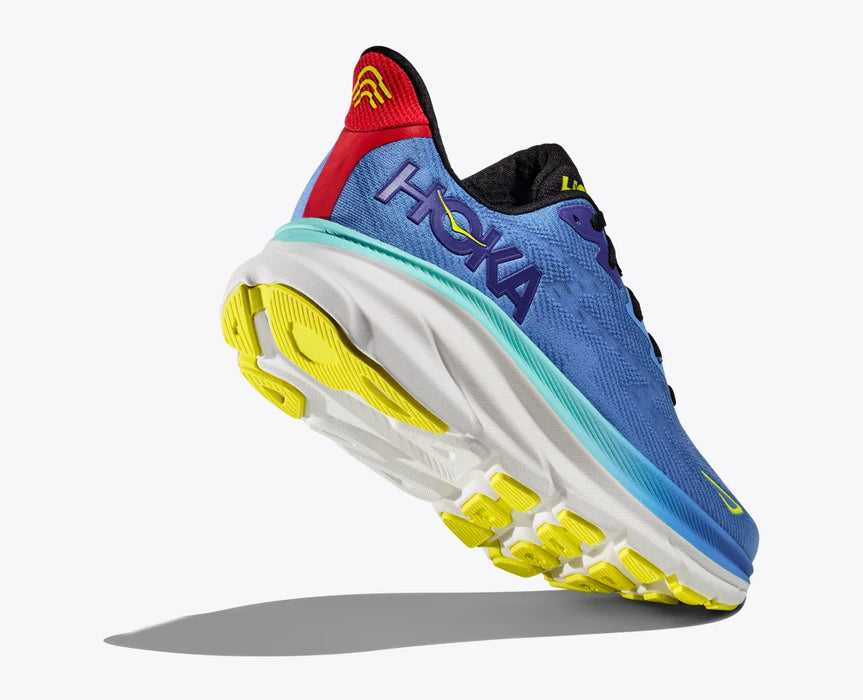 HOKA Men's Clifton 9 running shoes with lightweight cushioning and breathable knit upper, designed for everyday runs and walking, available at Playtri Sarasota.