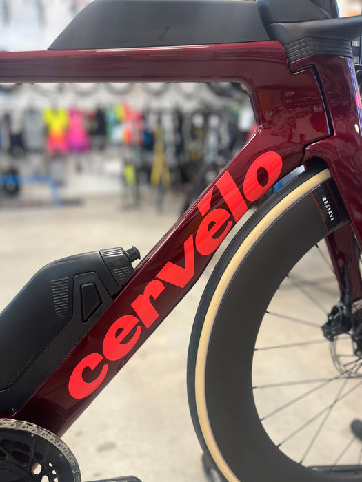 Close-up of a Red Hot Cervelo P5 Force AXS triathlon bike frame