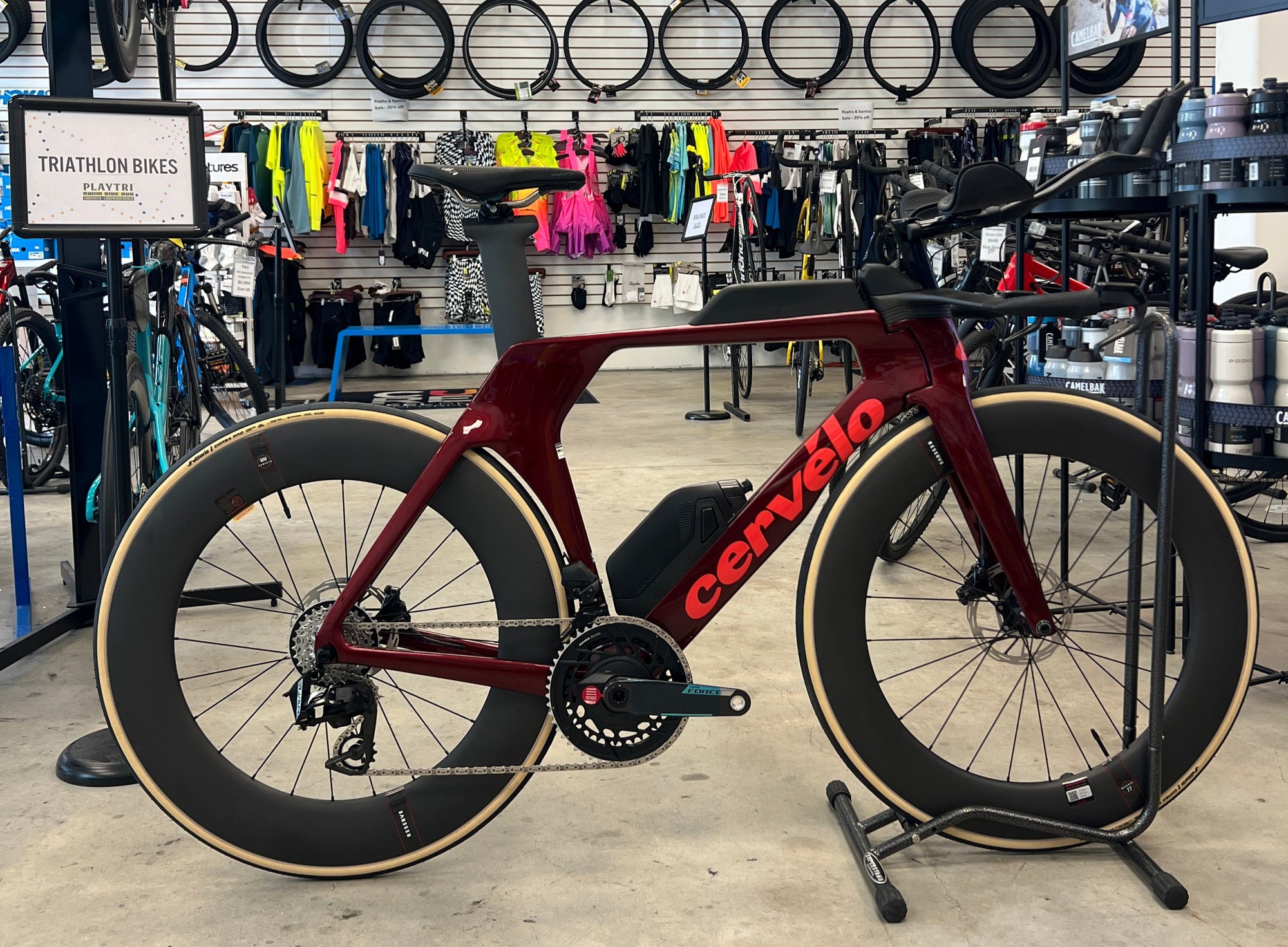 Cervelo P5 Ultegra Di2 triathlon bike in a bike shop setting.