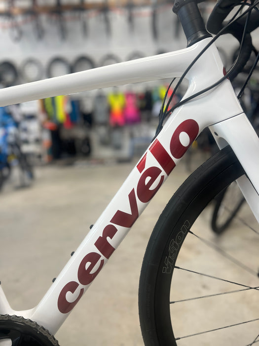 Cervelo bicycle frame with blurred background of a bike shop.