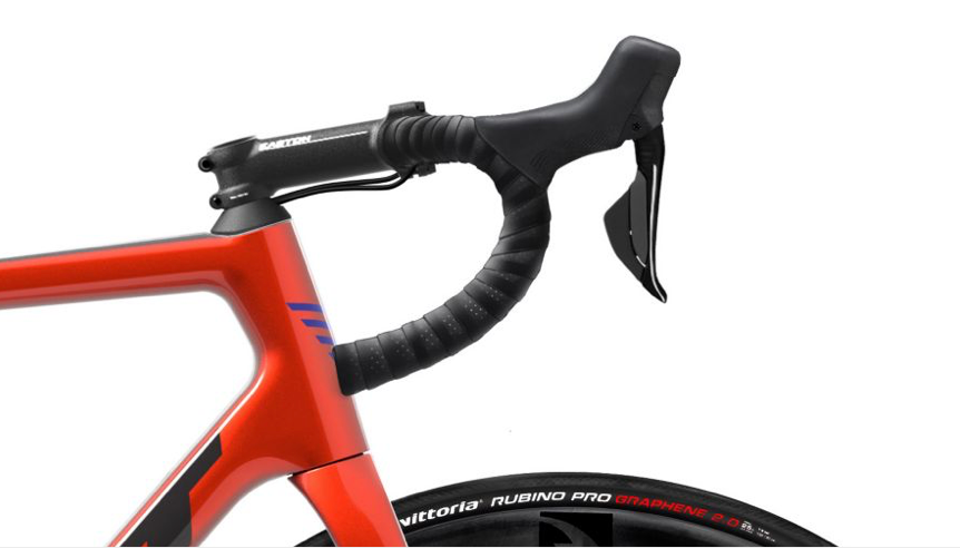 Close up of Felt FR Advanced Road Bike in Red, showing handlebars and brakes Shimano 105 at Playtri Sarasota