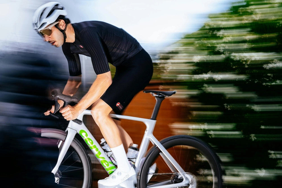 Studio scene showcasing an aerodynamic Cervelo road bicycle