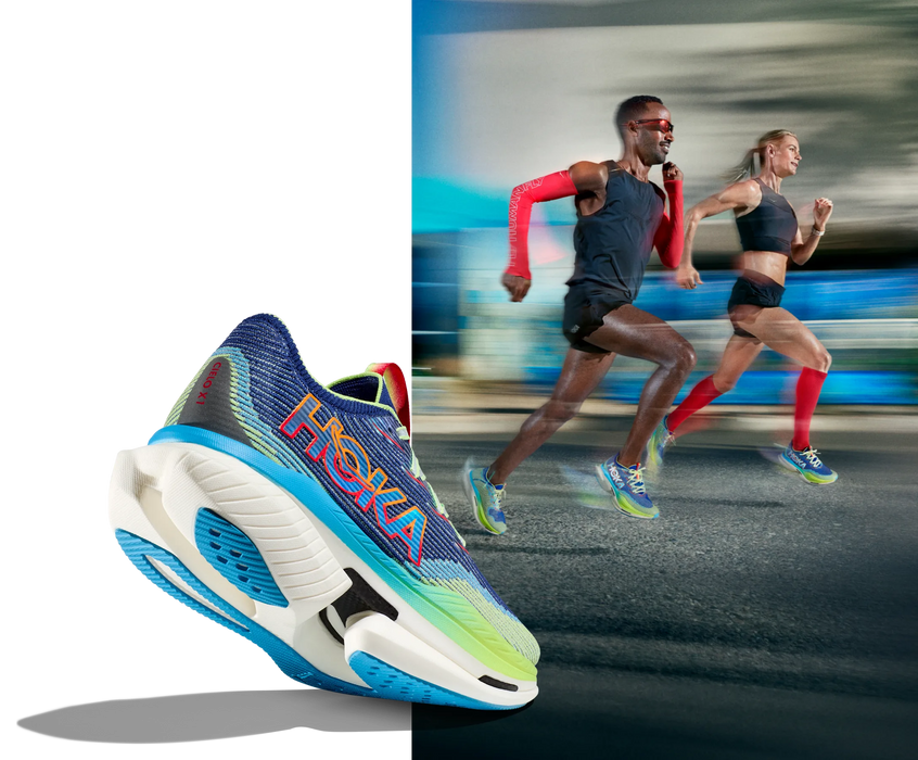 HOKA Cielo X1 race shoe, designed for speed with a lightweight build and responsive cushioning, ideal for competitive running, available at Playtri Sarasota.